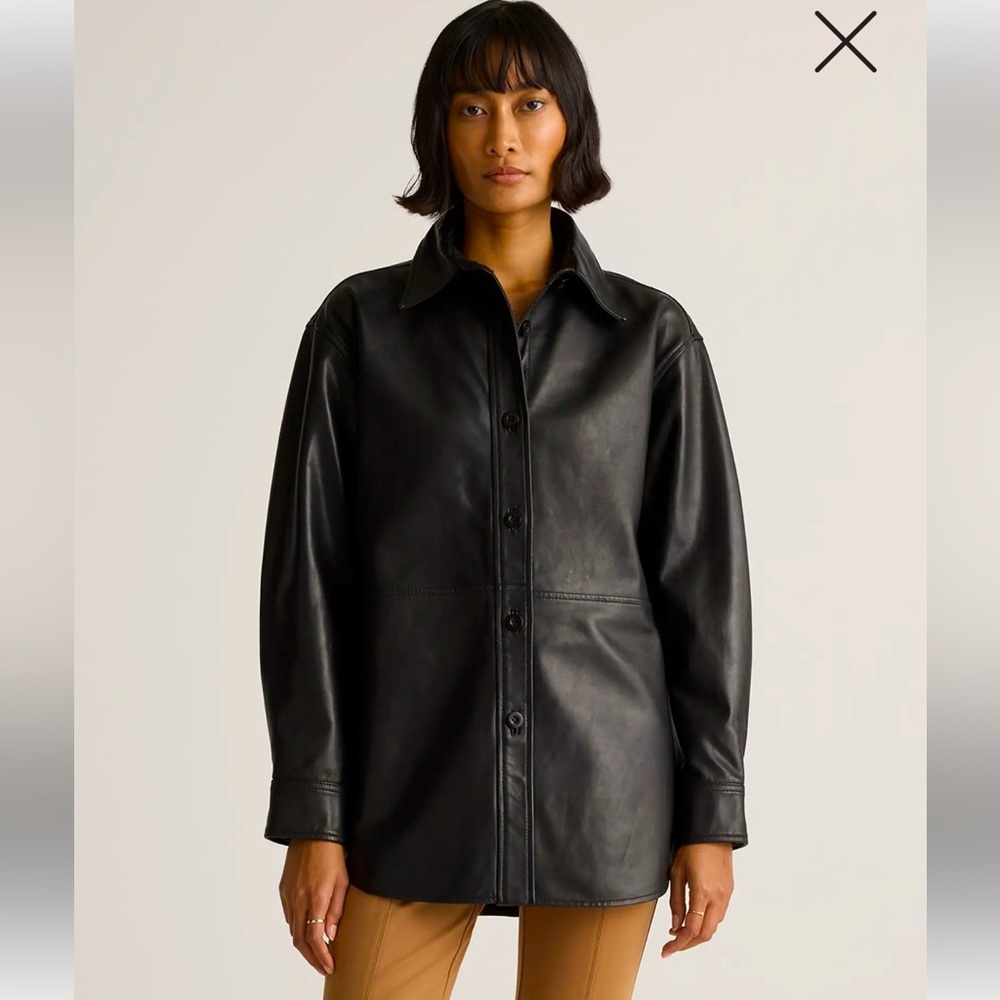 Quince Oversized Black Leather Shirt Jacket